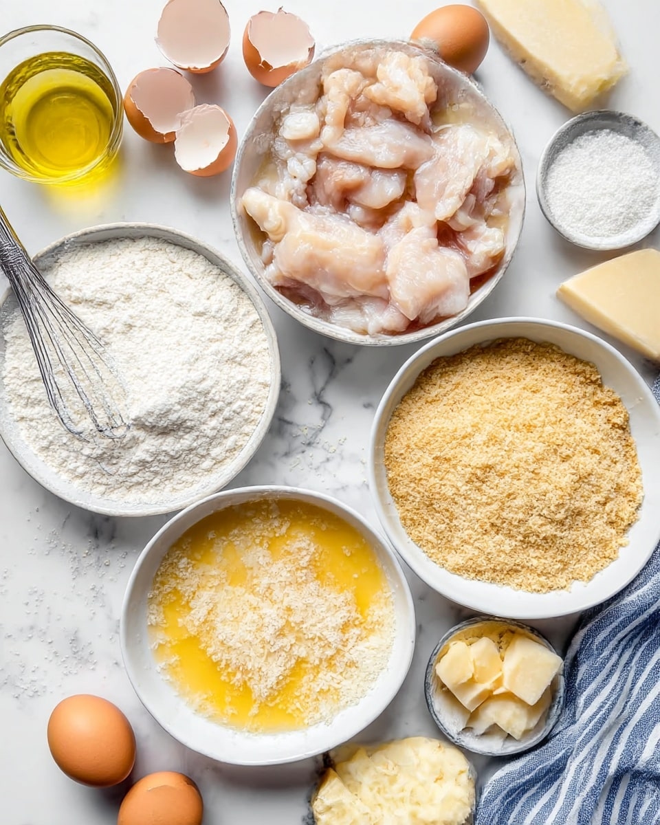 The image shows a top view of a breading station for chicken. There are three white bowls arranged with chicken pieces in different coating stages: one bowl has raw chicken on white flour dusted with a metal whisk on the side, a second bowl shows chicken dipped in beaten egg with the egg yellow and shiny around the chicken, and the third bowl contains chicken coated in light golden breadcrumbs. Around the bowls, there are other ingredients including three whole brown eggs with one cracked open showing the shell halves, a small bowl of coarse white salt, a small bowl with shredded cheese, some chunks of harder cheese, and a glass of yellow oil. The scene sits on a white marbled surface with a blue and white striped cloth partially visible. photo taken with an iphone --ar 4:5 --v 7