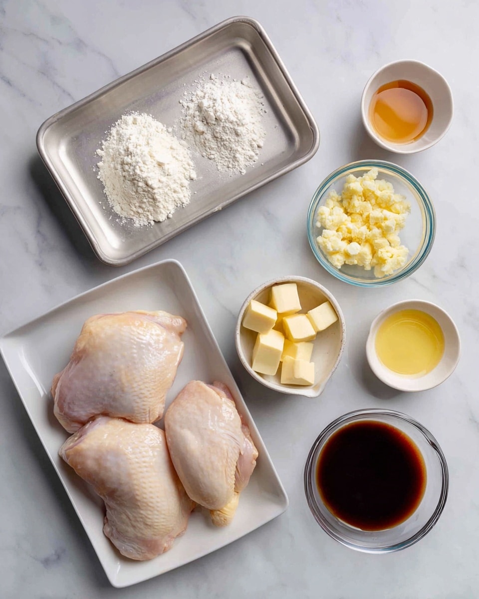 The image shows ingredients arranged neatly on a white marbled surface. On the left side, two raw chicken pieces sit in a silver tray. Above the chicken, there is a small white bowl filled with white flour. To the right, small clear bowls hold minced garlic, light yellow butter cubes in a white bowl, dark brown soy sauce, light yellow vinegar, and amber-colored honey in a white measuring cup. Each ingredient is labeled with dark blue tags and white text above or next to the bowls and tray, showing the names clearly. The photo taken with an iphone --ar 4:5 --v 7