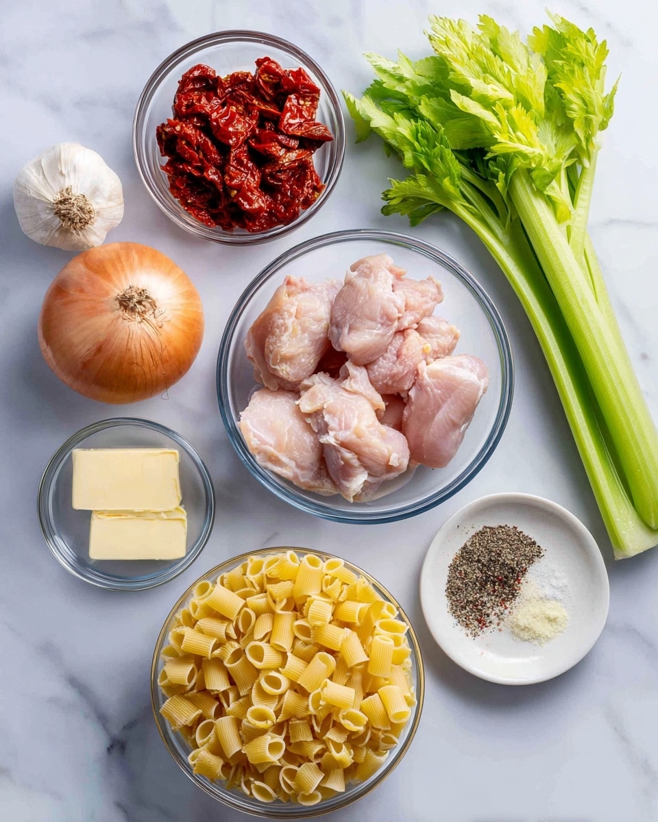 The image shows a top view of several ingredients arranged on a white marbled surface. There is one large celery stalk with green leaves at the bottom right extending diagonally across the image. Above the celery, there is a small clear glass bowl filled with bright red sun-dried tomatoes. In the center, a clear glass bowl holds four pink raw chicken pieces. To the left of the chicken, an onion with brown skin and a clove of garlic are placed next to each other. Below the onion, a large clear glass bowl is filled with yellow shell pasta. On the top right corner, a small white round dish contains a mix of black and white salt and pepper. Next to it, a small clear bowl holds a few pats of pale yellow butter. Each ingredient is labeled with a dark blue tag and white text. Photo taken with an iphone --ar 4:5 --v 7