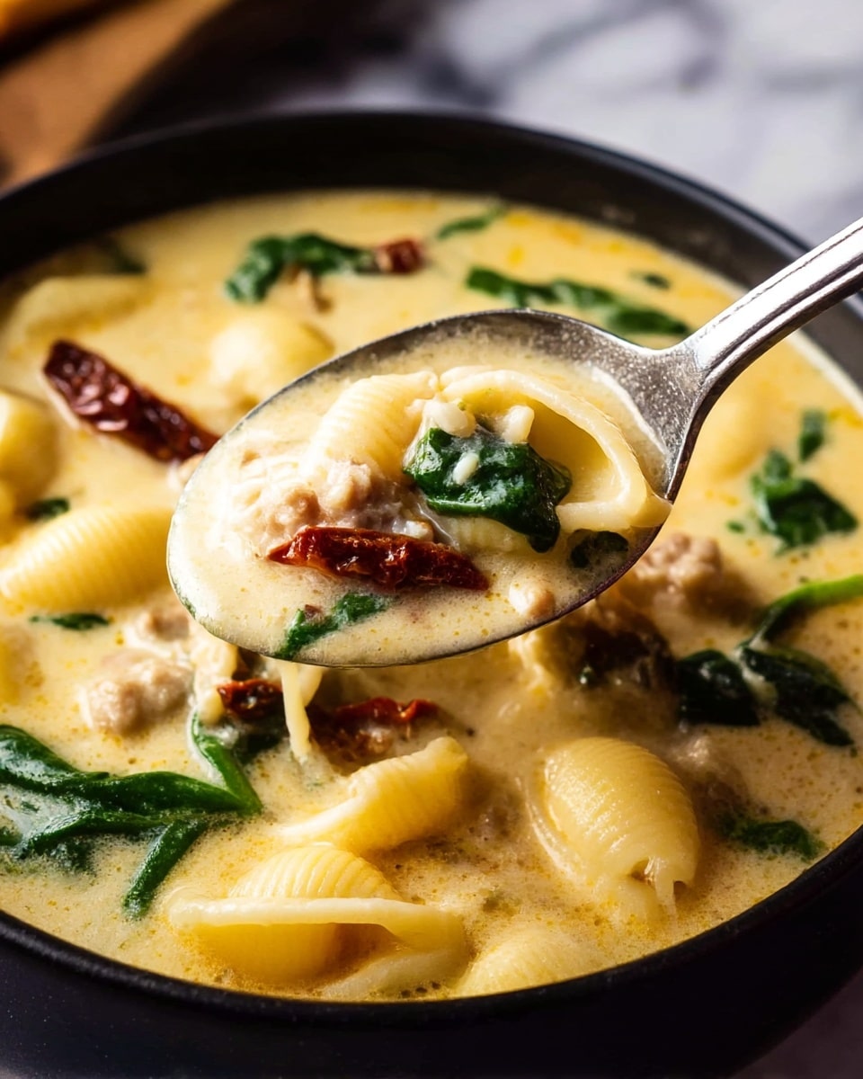 A black bowl filled with creamy soup that has a light yellow color, containing small shell pasta, pieces of meat, dark green spinach leaves, and a few dark red sun-dried tomatoes. A silver spoon is scooping some soup from the bowl, showing the textures of the pasta, spinach, meat, and tomatoes clearly. The background shows a white marbled surface. photo taken with an iphone --ar 4:5 --v 7