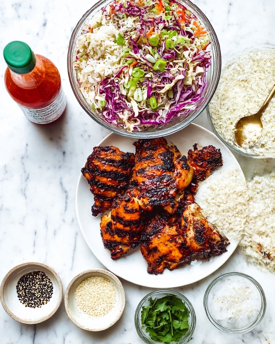 A white plate holds about ten pieces of grilled chicken with dark grill marks and a shiny, slightly charred brown and orange surface. Next to the plate on a white marbled background are two clear glass bowls: one full of fluffy white rice with a golden spoon inside, and the other filled with a colorful cabbage slaw containing purple, green, and orange shredded vegetables along with green onion slices, also with a golden spoon. Above these is a bottle of red hot sauce with a green cap. Below the plate are two small bowls, one with white and black sesame seeds and the other with fresh green cilantro leaves. Photo taken with an iphone --ar 4:5 --v 7