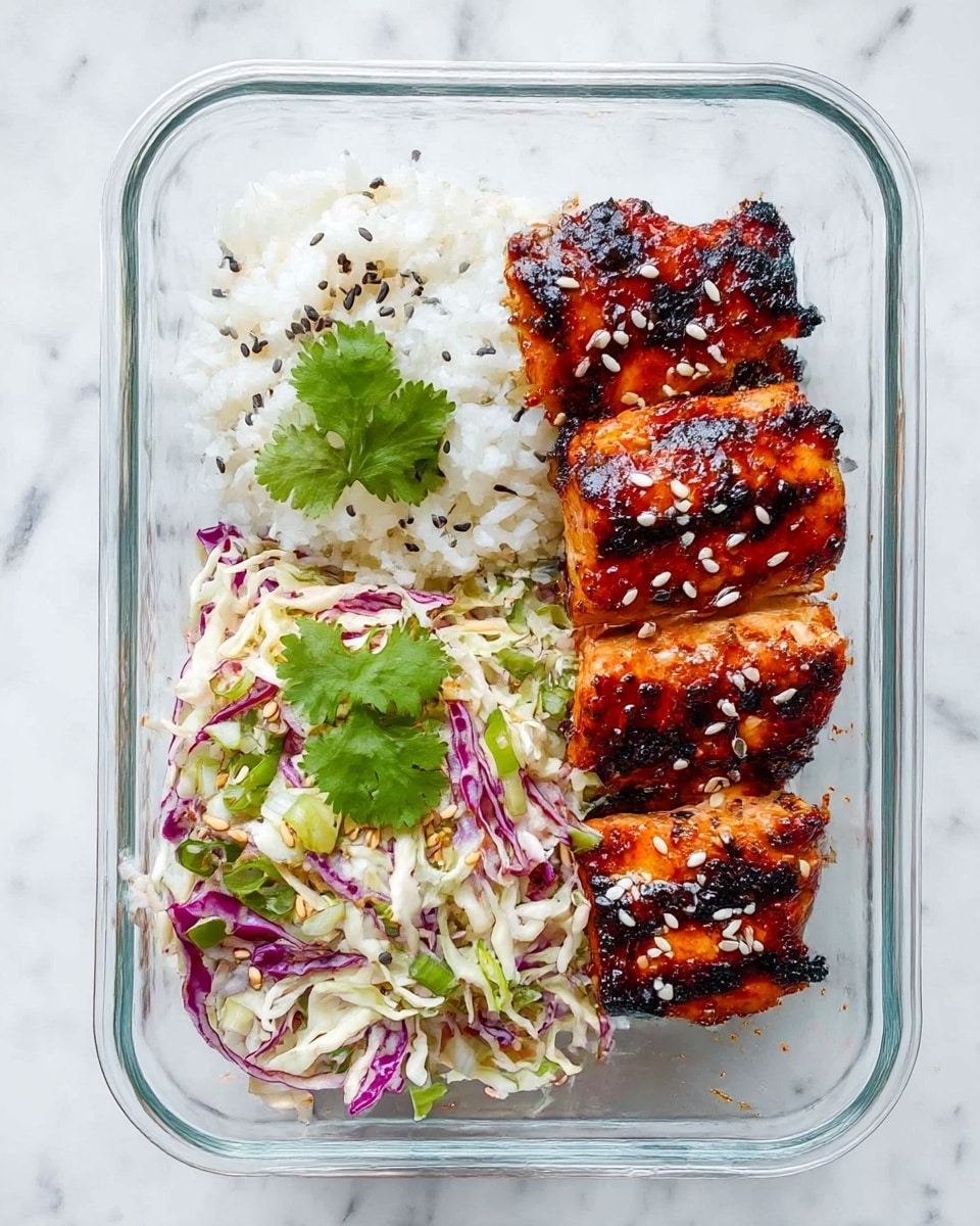 A clear glass container holds three distinct layers of food arranged side by side: on the top right, there are four pieces of grilled chicken with dark char marks and a shiny, reddish-brown color, sprinkled with white and black sesame seeds; in the middle, a mound of fluffy white rice topped lightly with black sesame seeds; on the bottom left, a colorful mix of shredded purple and white cabbage with green onions and sesame seeds, finished with a small sprig of fresh green cilantro placed on top. The container sits on a white marbled surface. photo taken with an iphone --ar 4:5 --v 7