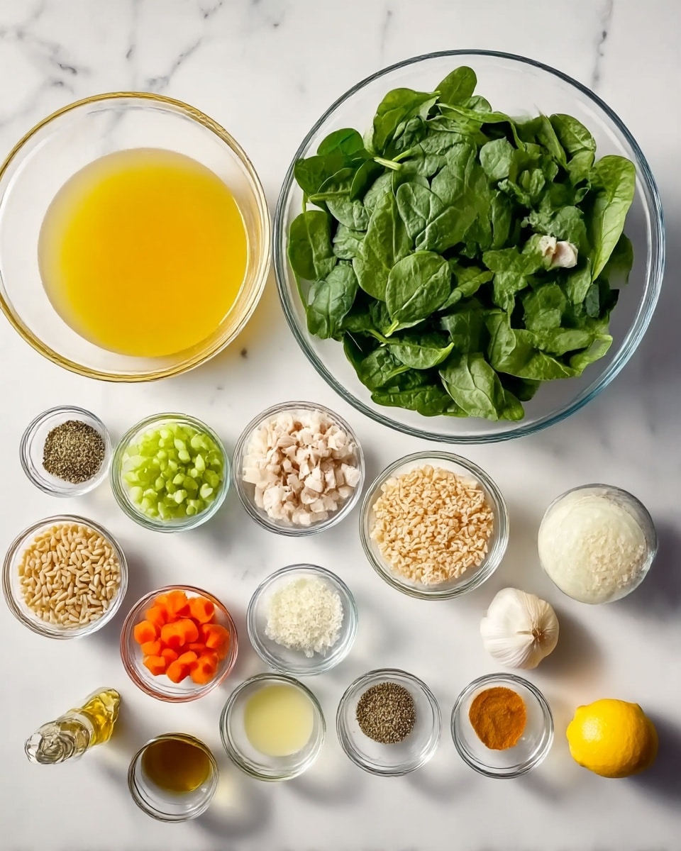 A white marbled surface holds several clear glass bowls with different ingredients arranged neatly in three rows: a large bowl of bright yellow broth to the left; to its right, a large bowl full of fresh green spinach leaves; next to spinach, a smaller bowl of small white chicken pieces; below the broth, three medium bowls containing chopped light green celery, white onions, and diced orange carrots; next to these, a bowl of raw beige orzo pasta; below the small bowls, a row of tiny bowls with dried herbs, lemon zest, grated cheese, light yellow olive oil, a small bowl with pale yellow lemon juice, minced garlic, a whole small yellow lemon, and some spices; the overall look is clean and colorful with a white marbled background photo taken with an iphone --ar 4:5 --v 7