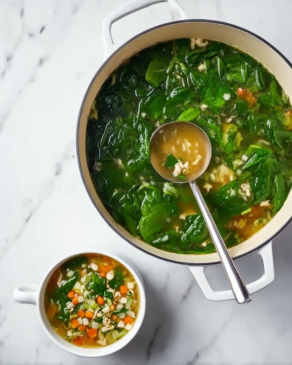 A large white pot filled with clear broth soup containing bright green spinach leaves, small white and orange vegetable pieces, and diced light-colored vegetables. The soup has many layers of leafy greens on top with some vegetables floating below. A metal spoon rests inside the pot, angled slightly upward. Next to the pot, a white cup is filled with the same broth and vegetables, showing leafy green, orange, and pale pieces mixed together. The setting is on a white marbled surface. photo taken with an iphone --ar 4:5 --v 7