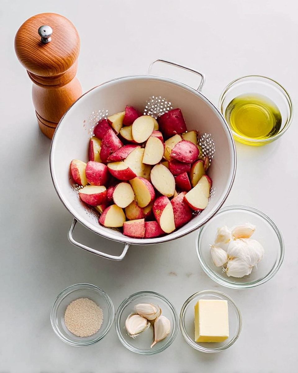 The image shows a white colander full of red-skinned potato pieces with yellow inside, sitting on a white marbled surface. To the right of the colander, there are four small clear glass bowls arranged horizontally: one with light-colored coarse salt, one with golden olive oil, one with white garlic cloves, and one with a stick of pale butter. To the left of the colander, there is a tall wooden salt grinder and a wooden pepper grinder. The overall setup looks clean and simple with soft natural light. Photo taken with an iphone --ar 4:5 --v 7