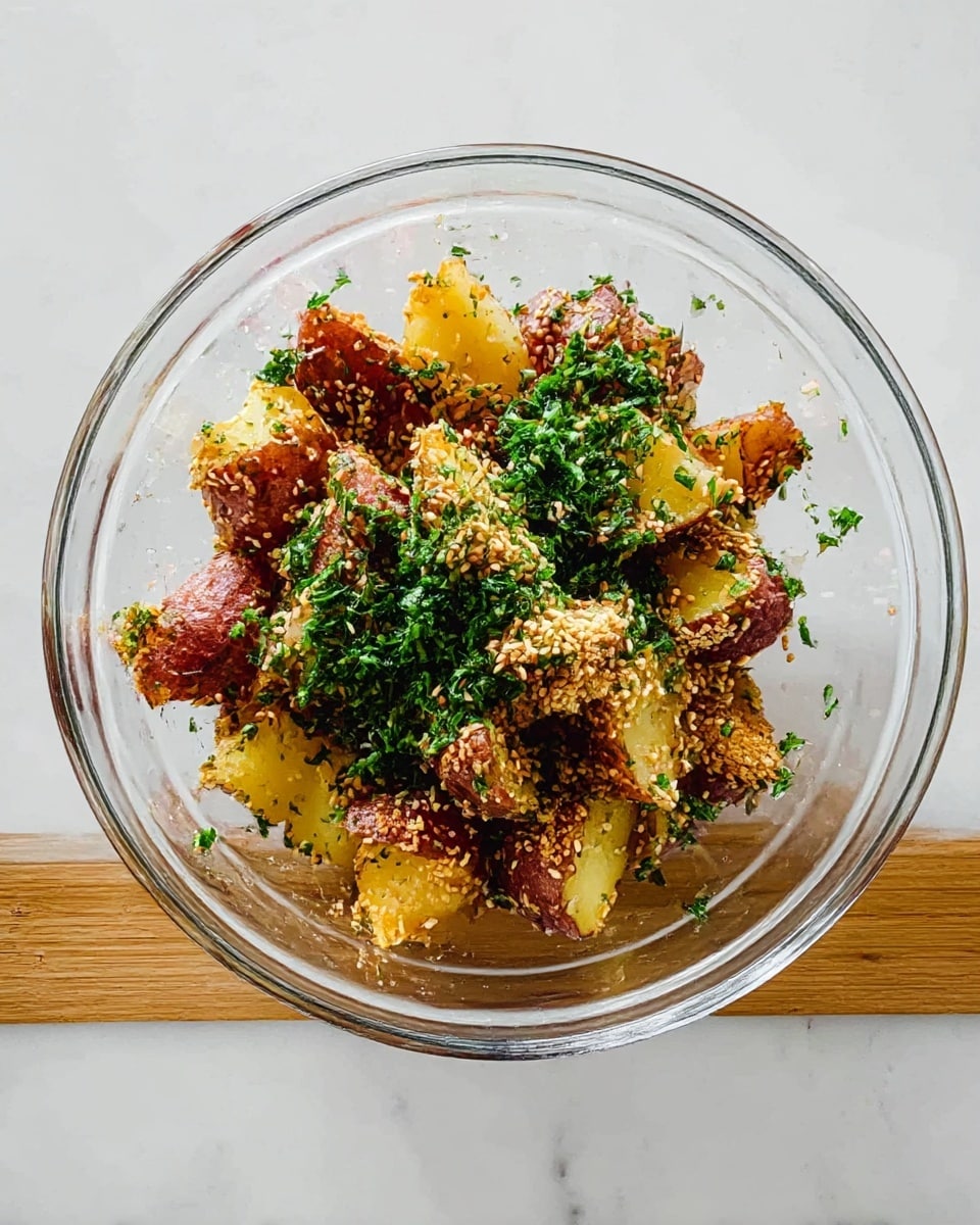 A clear glass bowl sits on a white marbled surface, filled with chunky pieces of cooked red-skinned potatoes. The potatoes are lightly browned and mixed with a sprinkling of sesame seeds and a generous topping of chopped fresh green herbs. The mix shows a contrast between the soft yellow inside of the potatoes and their slightly crisp, reddish-brown skin. The photo is bright and sharp, showing the texture of the potatoes and the green herbs on top clearly. photo taken with an iphone --ar 4:5 --v 7