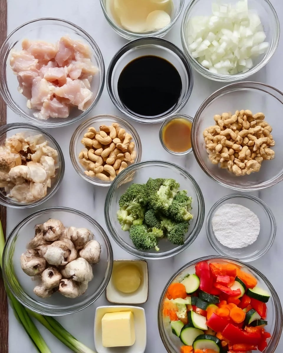 The image shows many clear glass bowls arranged on a white marbled surface. The bowls contain different colorful ingredients: one has chopped raw pale pink chicken pieces, another with sliced white onions, and another with dark soy sauce. There is a bowl with small cashew nuts and one with a light brown sauce. Bright chopped vegetables are visible in one bowl including red bell peppers, orange carrots, green zucchini, and broccoli. Another bowl holds chopped mushrooms. A small dish with light yellow butter and another with white powder are also on the surface. Minced garlic and two green onions lie next to the bowls. Photo taken with an iphone --ar 4:5 --v 7