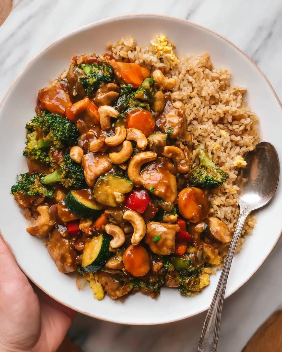 The dish shows a generous serving of mixed stir-fried vegetables and chicken pieces placed on a large white plate with brown fried rice. The stir-fry has a mix of green broccoli, orange carrots, green zucchini, and small red bell pepper pieces, with browned chicken chunks coated in a glossy sauce. Cashew nuts are scattered over the top, adding a nutty texture. The brown fried rice forms a thick ring around the stir-fry, appearing fluffy and mixed with bits of scrambled egg, giving a yellow touch. A silver spoon rests on the side of the plate on a white marbled surface, with a woman's hand holding the edge of the plate slightly. Photo taken with an iphone --ar 4:5 --v 7