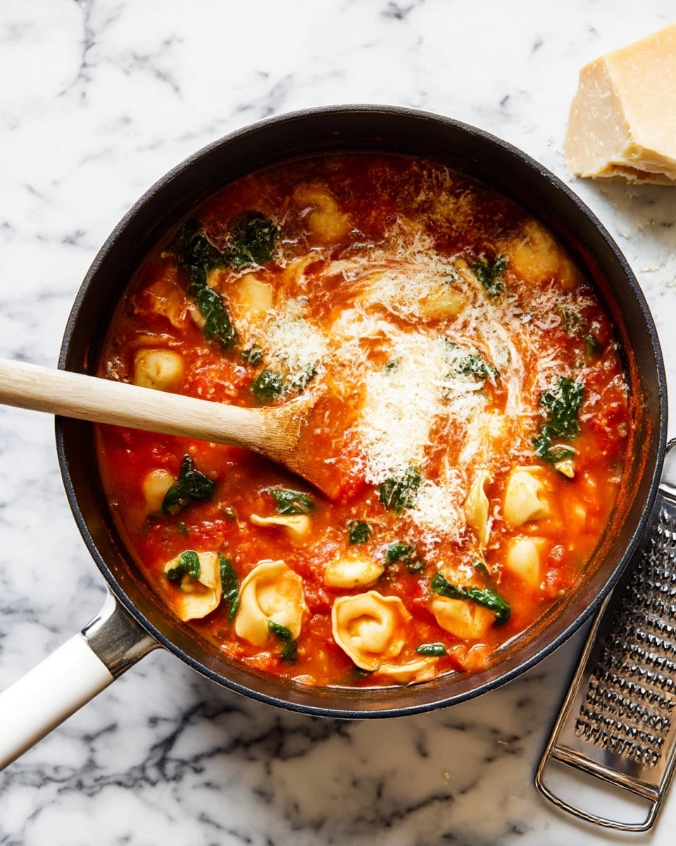 A black pot filled with a bright red tomato sauce contains several layers: at the bottom, there are folded tortellini pasta pieces in light cream color, mixed with green spinach leaves scattered throughout. The top layer shows a swirl of white from melting cheese or cream, dotted with grated light yellow Parmesan cheese. A wooden spoon with a white handle rests inside the pot, stirring the rich sauce. The pot is placed on a white marbled surface with a metal grater on the right side and a half block of Parmesan cheese nearby. Photo taken with an iphone --ar 4:5 --v 7