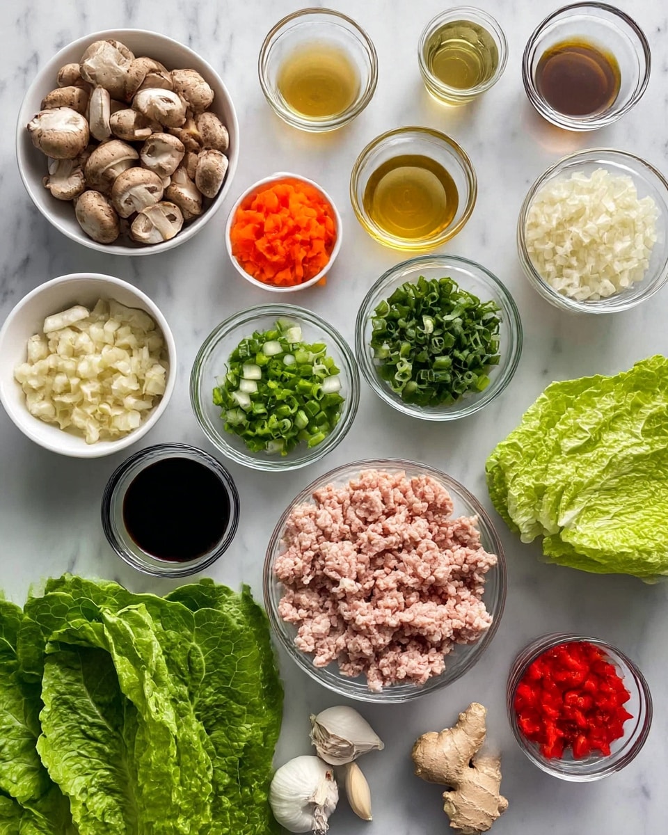 The image shows an overhead view of various ingredients arranged neatly on a white marbled surface. There are 11 white bowls and glass small bowls holding different ingredients: chopped mushrooms, chopped orange carrots, chopped white onions, minced garlic, chopped red bell peppers, chopped green onions, and ground pink turkey meat. There are three small glass bowls filled with light to dark liquids, likely oils and sauces. On the surface, there are fresh dark green romaine lettuce leaves, two garlic cloves, and a piece of fresh ginger root. Everything is spaced evenly, creating a clean and organized look. photo taken with an iphone --ar 4:5 --v 7
