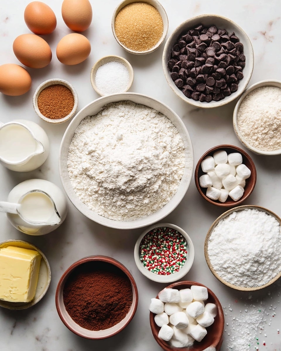 A top-down view showing multiple bowls and ingredients on a white marbled surface, arranged in a loose circle. The center features a large white bowl filled with white flour, and to its right, a medium white bowl holds many shiny dark brown chocolate chips. Surrounding these are smaller white bowls with different ingredients: light brown soft sugar above the flour, round white marshmallows in a brown bowl below and to the right, pure white granulated sugar below the chocolate chips, and white powdered sugar in a brown bowl near the lower left. Also included are two brown eggs on the left, a small pitcher of milk near the top center, a small bowl of red, green, and white round sprinkles near the top right, a square stick of butter in yellow wrapper at the top left, a small bowl of light brown cocoa powder on the left, and small bowls of white salt and baking powder scattered around. A woman's hand is not visible. The whole image is softly lit with a clean, neat layout. photo taken with an iphone --ar 4:5 --v 7