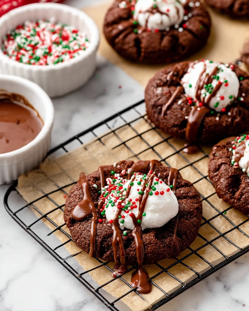 The image shows four dark brown chocolate cookies on a cooling rack with parchment paper underneath. Each cookie has one white dollop of marshmallow cream on top, partly melted, and is decorated with drizzled milk chocolate sauce that flows unevenly across the cookies. Red, white, and green small round sprinkles are scattered both on the chocolate drizzle and the marshmallow cream, adding festive color. In the background, there are two white bowls, one filled with the same red, white, and green sprinkles, and the other with melted milk chocolate sauce. The scene is set on a white marbled texture. Photo taken with an iphone --ar 4:5 --v 7