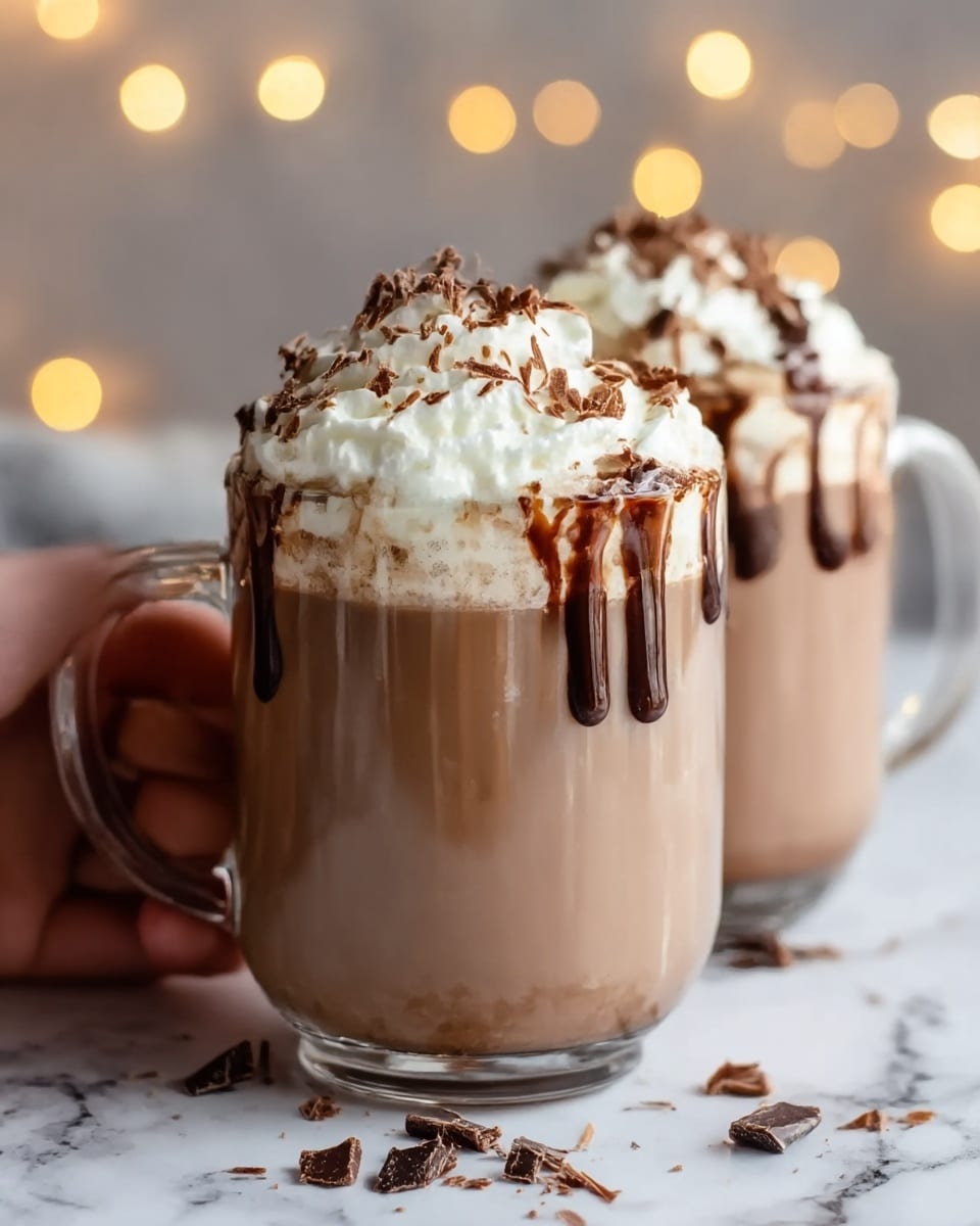 The image shows two clear glass mugs filled with a light brown creamy drink, likely hot chocolate or coffee. Each mug has a thick layer of white whipped cream on top, with chocolate syrup dripping slightly over the cream's edge. Small pieces of chocolate shavings are scattered on the whipped cream and around the base of the mugs, adding texture and color contrast. The mugs sit on a surface with a white marbled texture, and the background is softly blurred with warm round lights, creating a cozy mood. One woman's hand holds one of the mugs gently. photo taken with an iphone --ar 4:5 --v 7