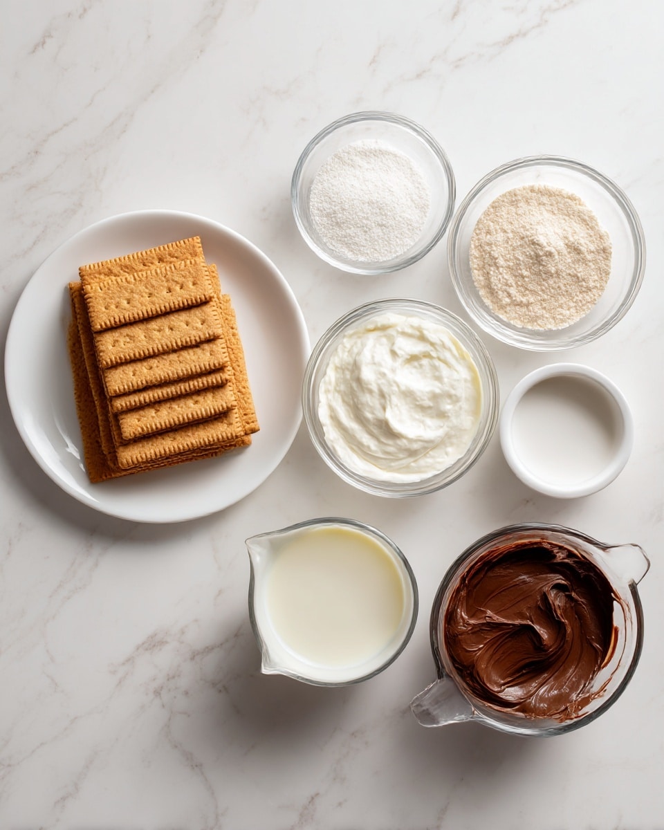 The image shows an overhead view of five ingredients arranged on a white marbled surface. On the left, a white plate holds three neat rows of rectangular light brown graham crackers. To the right of the plate, at the top center, there is a small white bowl filled with fluffy white whipped cream. Below it, a clear glass bowl contains white powdered sugar. Next to that, a small container filled with dark brown chocolate spread sits. On the far right side, a clear measuring cup holds a white liquid, likely milk or cream. All items are spaced evenly and viewed from above. Photo taken with an iphone --ar 4:5 --v 7