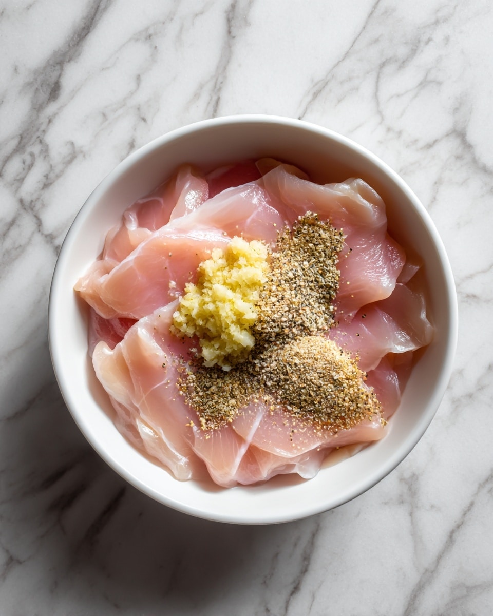 In a white bowl, several thin slices of light pink raw chicken are layered unevenly, with a small heap of yellow minced garlic placed near the center. On top of the garlic, there is a sprinkling of ground black pepper and a light brown granulated spice, spread unevenly. The bowl is set on a white marbled surface with gray veining. photo taken with an iphone --ar 4:5 --v 7