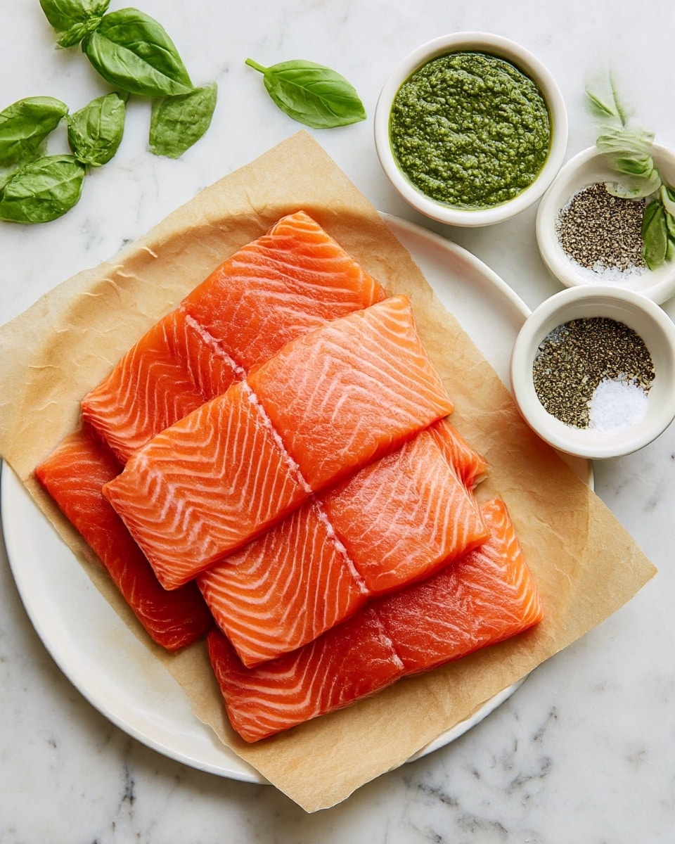Four raw salmon fillets with bright orange color and visible white lines lie layered and slightly overlapping on light brown parchment paper, placed on a white plate. To the top right are three small white bowls: one with green pesto sauce that has a textured, oily surface, another with coarse black pepper, and the last with white salt. Fresh green basil leaves are scattered around on a white marbled surface, filling the top left and bottom right corners. Photo taken with an iphone --ar 4:5 --v 7