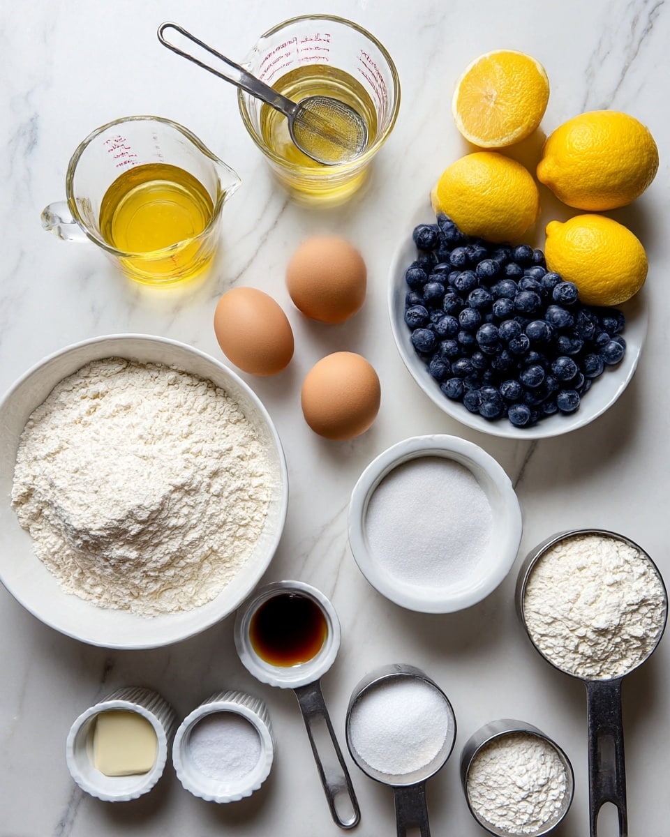 The image shows various baking ingredients arranged neatly on a white marbled surface, including a large white bowl filled with flour at the bottom left, two brown eggs placed beside it, and a white bowl filled with fresh, plump blueberries at the top right. There are two whole yellow lemons and two lemon halves near the blueberries. A clear glass measuring cup with a golden liquid, likely oil, is at the top left, with a metal measuring spoon filled with white cream next to it. Small white ramekins contain salt and white powder, likely baking powder, and there is a small glass bowl with a brown liquid, possibly vanilla extract, in the center. Two metal measuring cups filled with white granulated sugar and flour are placed on the right side of the eggs. photo taken with an iphone --ar 4:5 --v 7