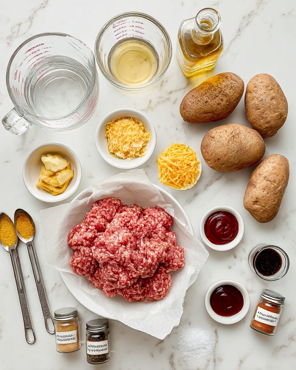 The image shows a top view of cooking ingredients placed neatly on a white marbled surface. In the bottom left, there is a white bowl lined with parchment paper holding a large pile of raw ground meat with a reddish-pink color and coarse texture. Around it are four whole brown potatoes with textured skin, arranged on the right side of the image. To the top left, there is a clear glass measuring cup with water, next to a glass bottle filled with light golden oil. Small white bowls and metal measuring spoons hold various powders and sauces; one spoon with shredded yellow cheddar cheese, a ramekin with thick pale yellow mustard, a spoon with dark red sauce, and small jars with garlic powder, paprika, and onion powder labeled clearly. There is also a small glass jar with dark liquid and a white small bowl with white salt near the bottom. The ingredients are organized with clear visibility and a clean, bright look, taken with an iphone --ar 4:5 --v 7