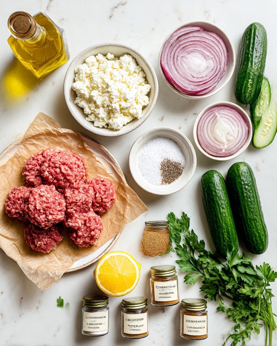 The image shows a top view of various ingredients arranged neatly on a white marbled surface. On the bottom left, there is a white plate lined with brown parchment paper holding a pile of raw ground beef, bright red and textured. Above that, a small white bowl is filled with white crumbled cheese. To the right of the cheese bowl, there is a small white bowl with thin slices of red onion. On the right side, three dark green cucumbers are placed diagonally, beside a small white bowl containing salt and pepper. Near the bottom middle, there is a halved lemon with a bright yellow color. A bunch of fresh green parsley leaves sits on the bottom right. Four spice jars labeled cinnamon, ground cumin, garlic powder, and onion powder lie scattered among the ingredients, with their contents visible and colors ranging from light beige to warm brown. In the top left corner, a glass bottle of golden yellow olive oil adds a bright touch. Photo taken with an iphone --ar 4:5 --v 7