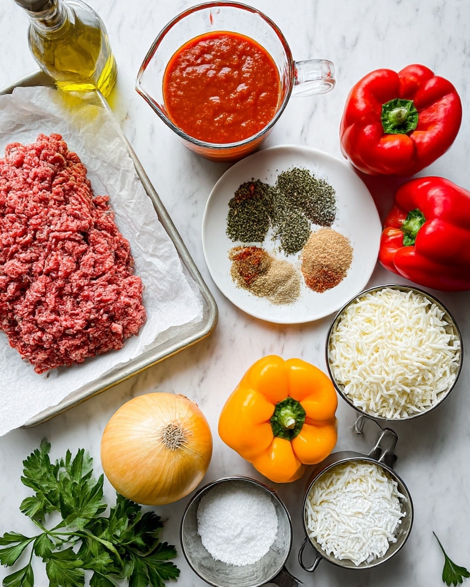 The image shows raw cooking ingredients arranged on a white marbled surface, including a layer of ground meat placed on white parchment paper in a tray on the left side. Nearby, there is a red tomato sauce in a clear glass measuring cup with a glossy texture. In the middle, there is a white plate holding three piles of dry spices: one green herb mix, one pile of red chili flakes, and one light tan powder. Surrounding these are four bell peppers—two red, one orange, and one yellow—all placed on the right side. Below them, there is a small white bowl of salt and two metal measuring cups filled with shredded white cheese and white cooked rice. There is also a yellow onion with a golden outer skin near fresh green parsley leaves at the bottom left part of the image. A clear glass bottle of olive oil with a pump sits near the top left. Photo taken with an iphone --ar 4:5 --v 7