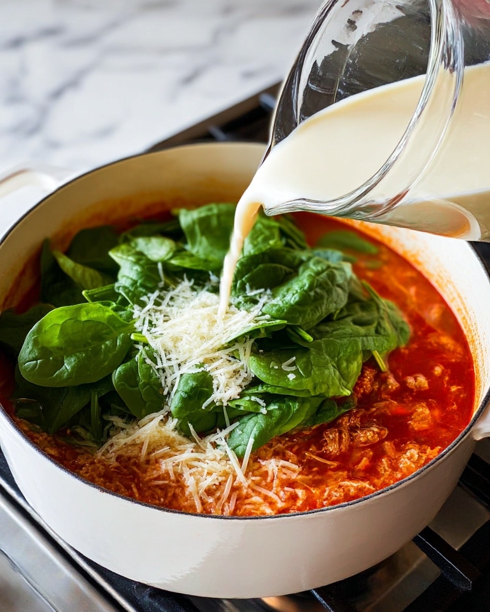 A white pot is on a stove with a red soup inside. The soup has shredded pieces of meat and small bits of vegetables in it. On top, there is a pile of fresh bright green spinach leaves covering part of the soup. Grated white cheese is sprinkled over the spinach. A clear glass cup is pouring a creamy white liquid into the pot from the right side. The background is a white marbled surface. photo taken with an iphone --ar 4:5 --v 7