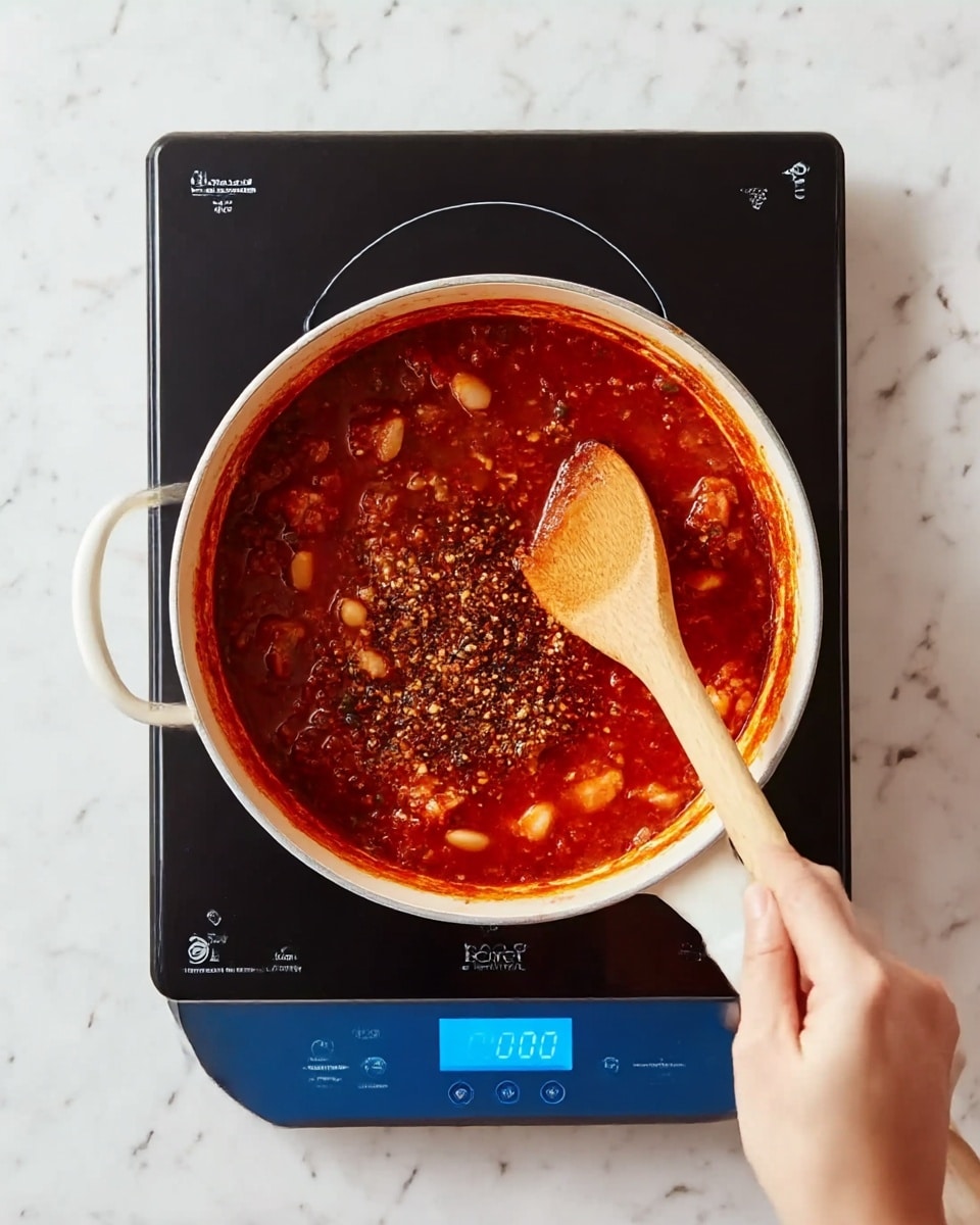A top view of a white pot filled with a thick red stew that has chunks of pale meat and beans visible. The stew has a darker layer of spices concentrated mostly in the center. A woman's hand holds a light wooden spoon, stirring the stew from the top right side of the pot. The pot sits on a black electric stove with a blue digital display and white markings, all set on a white marbled surface. photo taken with an iphone --ar 4:5 --v 7