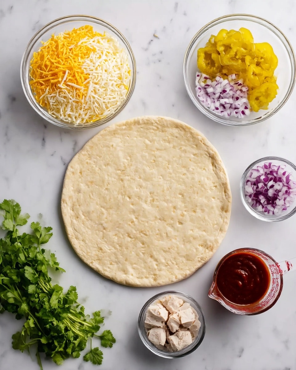 This image shows a large round pizza crust placed in the center on a white marbled surface. Around the crust, there are five clear bowls arranged: shredded yellow and white cheese in a big bowl above the crust, chopped yellow pickled peppers in a small bowl to the right of the cheese, diced purple onions in a small bowl to the right of the peppers, dark reddish-brown barbecue sauce in a measuring cup to the right of the crust, and small pieces of cooked white chicken meat in a small bowl to the left of the crust. A small bunch of fresh green cilantro is placed below the chicken bowl on the marbled surface. The whole setup looks neat and colorful. photo taken with an iphone --ar 4:5 --v 7