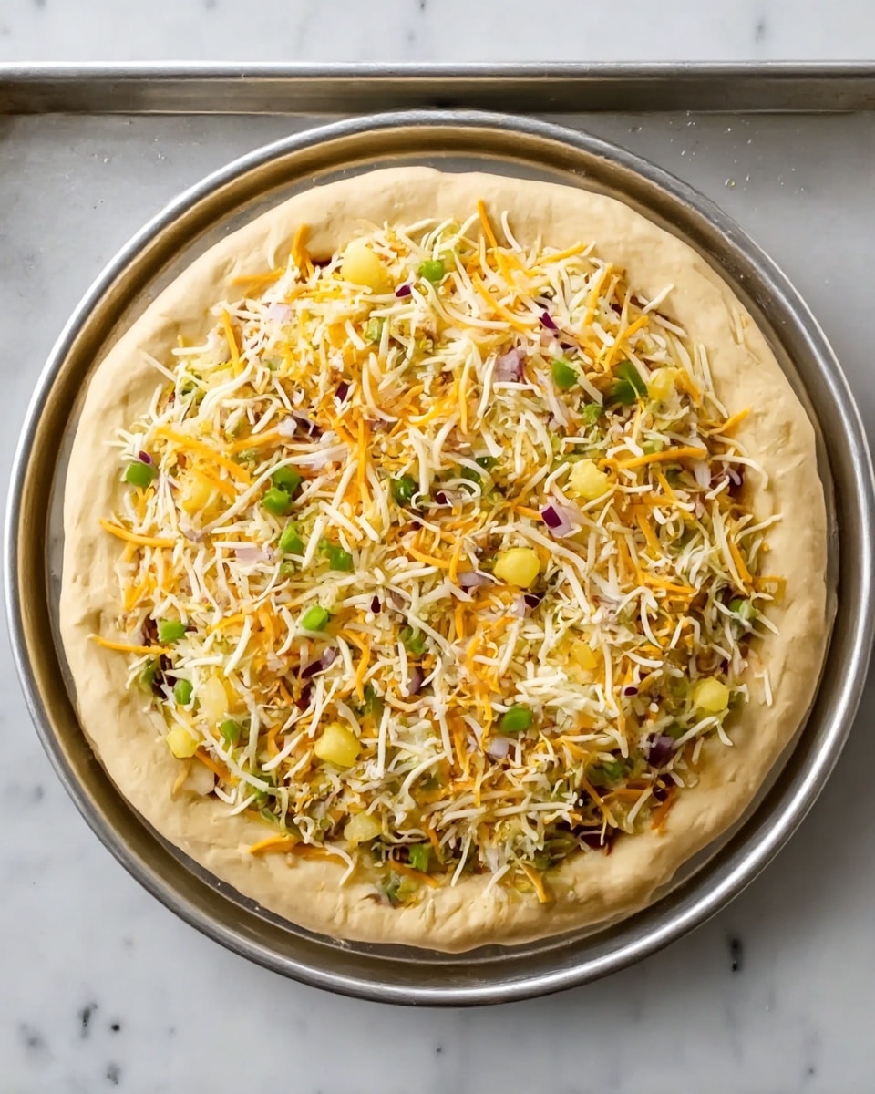 A round pizza dough base sits on a silver baking tray, placed on a white marbled surface. The dough is topped with a layer of shredded cheese in shades of pale yellow, white, and orange, spread evenly. Visible beneath the cheese are small pieces of green bell pepper, purple onion, and small yellow pineapple chunks, adding color and texture. The pizza edges are light beige and puffy, framing the toppings in the center. photo taken with an iphone --ar 4:5 --v 7