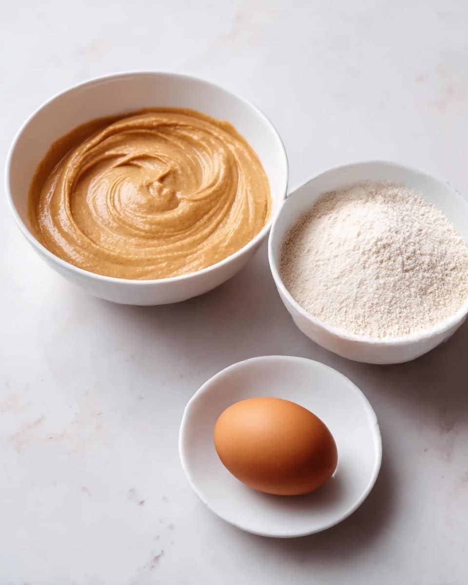 The image shows three white bowls placed on a white marbled surface. The largest bowl on the left holds a smooth, light brown thick paste with swirled texture on top. The bowl on the right contains a fine, white granular powder that fills it almost to the top. In front of these two bowls, a smaller white dish holds a single brown egg with a smooth shell. The setup is neat with simple, soft colors creating a calm and clean look. Photo taken with an iphone --ar 4:5 --v 7