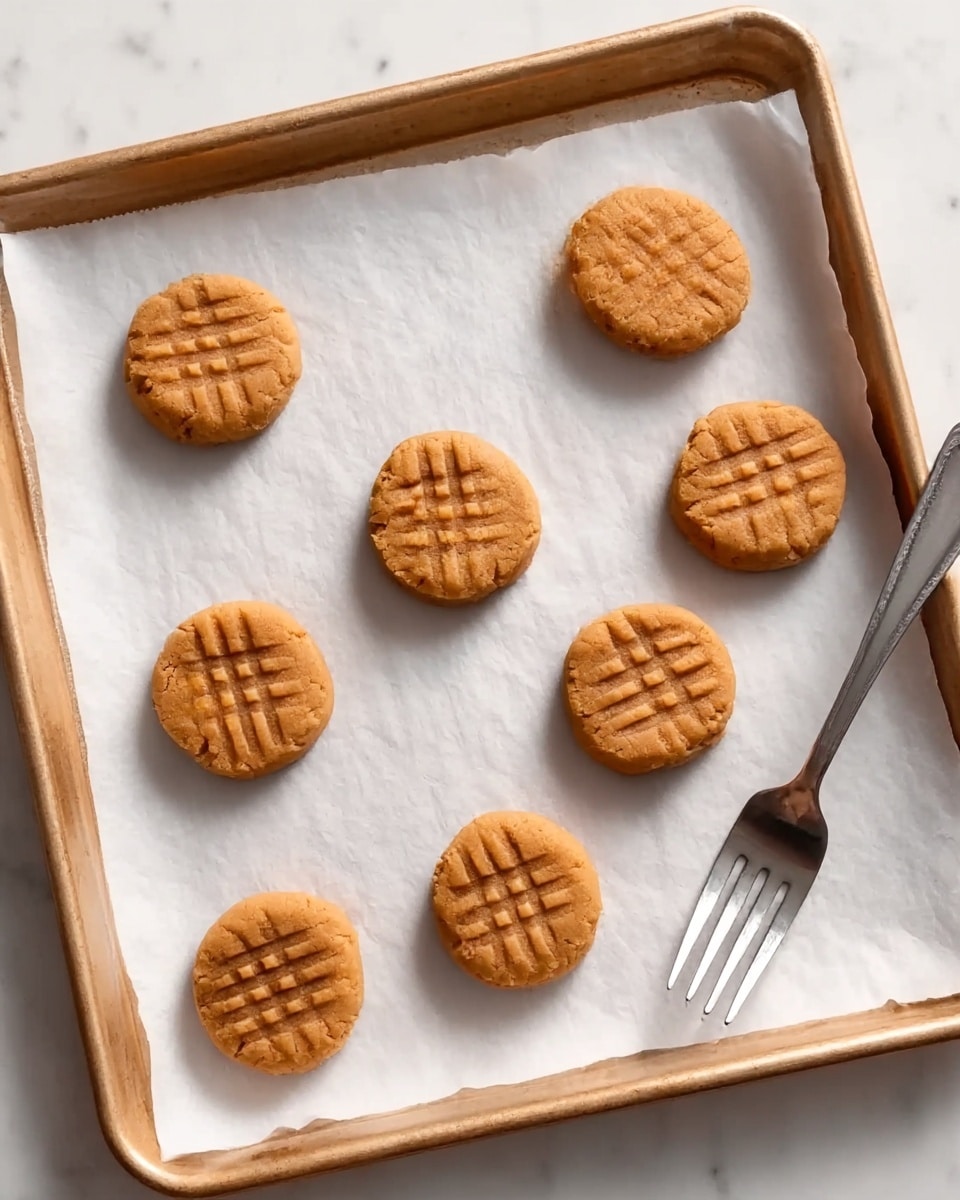 The image shows a baking tray lined with white parchment paper placed on a white marbled surface. On the paper, there are nine evenly spaced round peanut butter cookie dough balls pressed flat with a crisscross pattern made by a silver fork lying on the parchment paper near the bottom right. The cookie dough is light brown and smooth with visible fork marks, each cookie about the same size and shape. photo taken with an iphone --ar 4:5 --v 7