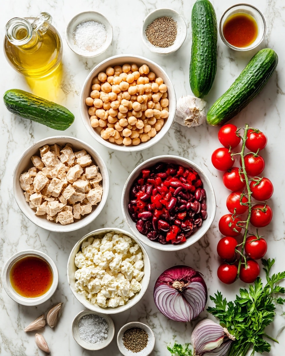 The image shows an arrangement of fresh and cooked ingredients on a white marbled surface. There are seven white bowls filled with different foods: diced grilled chicken pieces with a light golden brown texture, beige chickpeas, white cannellini beans, shiny dark red kidney beans, bright red roasted pepper chunks, and crumbly white cheese. Six natural cucumbers with dark green skin, a halved purple onion showing its layers, and several garlic cloves are scattered around. Bright red cherry tomatoes on the vine lie on the right side, while fresh green parsley sprigs add color near the top and bottom. Small dishes contain coarse salt and ground black pepper, and a glass bottle of golden oil and a glass bowl of reddish dressing complete the set. Photo taken with an iphone --ar 4:5 --v 7