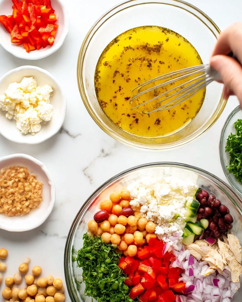 The image shows two stages of making a salad in clear glass bowls on a white marbled surface. The first bowl contains a yellow, oily dressing with some black specks and a woman's hand holding a whisk stirring the mixture. Around this bowl, there are small white dishes with diced red peppers and crumbled white cheese, along with whole chickpeas scattered nearby. The second bowl is full, layered with fresh, colorful ingredients arranged separately: bright red diced peppers, white cheese crumbles, beige chickpeas, dark red kidney beans, finely chopped red onions, green cucumber chunks, fresh green chopped parsley, and small pieces of light brown chicken, all sitting on the white marbled surface. Photo taken with an iphone --ar 4:5 --v 7