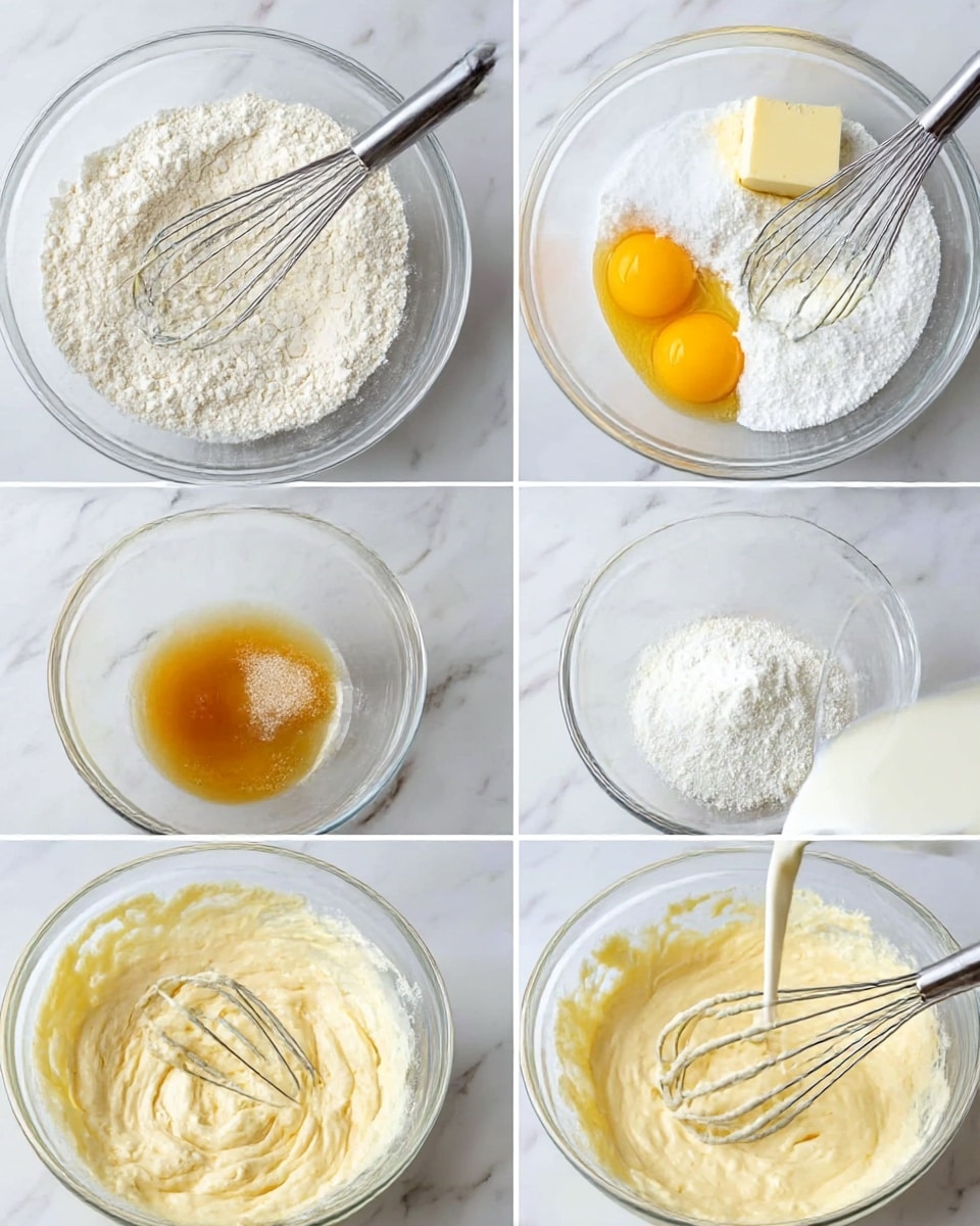 The image shows six steps of mixing ingredients in a clear glass bowl placed on a white marbled surface. The first layer has a bowl of white flour with a whisk inside. The second shows a bowl with white sugar and a block of pale yellow butter. The third layer adds two yellow egg yolks to a creamy white mixture. The fourth layer shows the mixture being whisked with a splash of light brown vanilla extract starting to mix in. The fifth image has some white powder added into the creamy yellow mix. The last layer shows a white liquid being poured into the thick cream as the whisk mixes everything together. Photo taken with an iphone --ar 4:5 --v 7