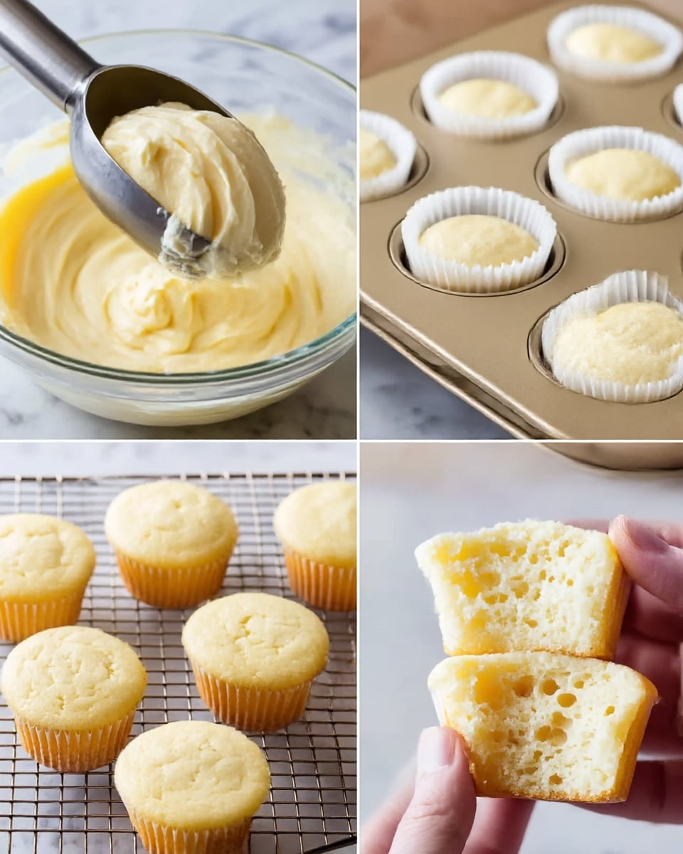 The image shows four stages of making light yellow cupcakes. The top left shows a metal scoop holding smooth, creamy, pale yellow batter over a glass bowl full of the same batter. On the top right, the batter is scooped into white paper liners placed in a beige metal cupcake tray, each filled to about two-thirds. The bottom left shows several baked cupcakes with a light golden top and soft texture, sitting on a beige wire cooling rack. The bottom right shows a woman's hand holding half of a cupcake, revealing its soft, fluffy, and airy inside with small holes. The surface under the tray and rack is a white marbled texture photo taken with an iphone --ar 4:5 --v 7