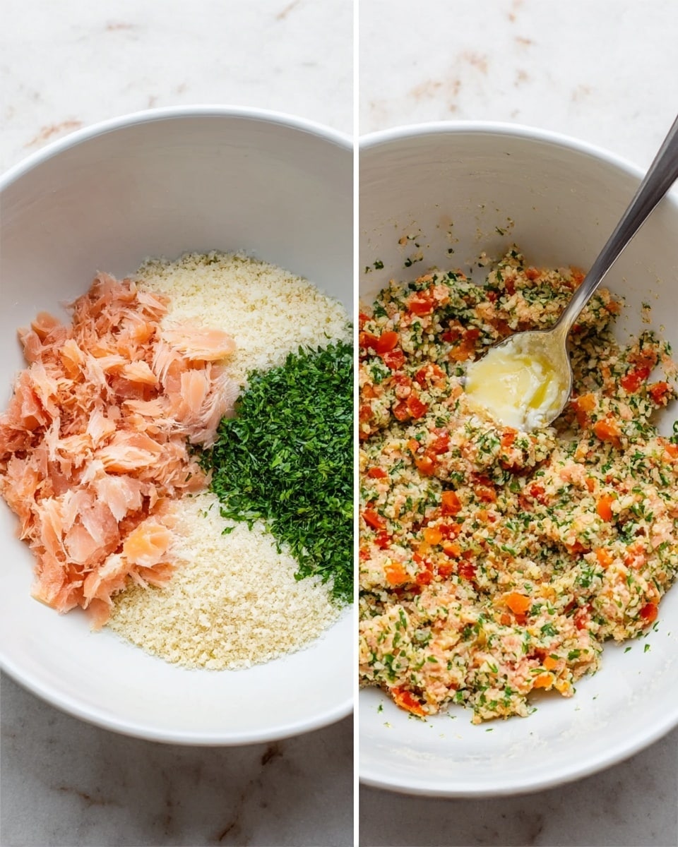 A large white bowl sits on a white marbled surface. In the left image, the bowl is filled with several separated layers: at the top left is a layer of soft pink cooked fish flakes, below that towards the bottom left is a white grainy layer of breadcrumbs, next to it on the right is a bright green layer of chopped herbs, near the center right are orange and red cooked small pepper pieces, and between them is a creamy white layer with melted butter on top. On the right image, the contents are fully mixed together into a textured, speckled mixture of pink, green, white, and orange bits, with a spoon sticking inside the bowl. Photo taken with an iphone --ar 4:5 --v 7