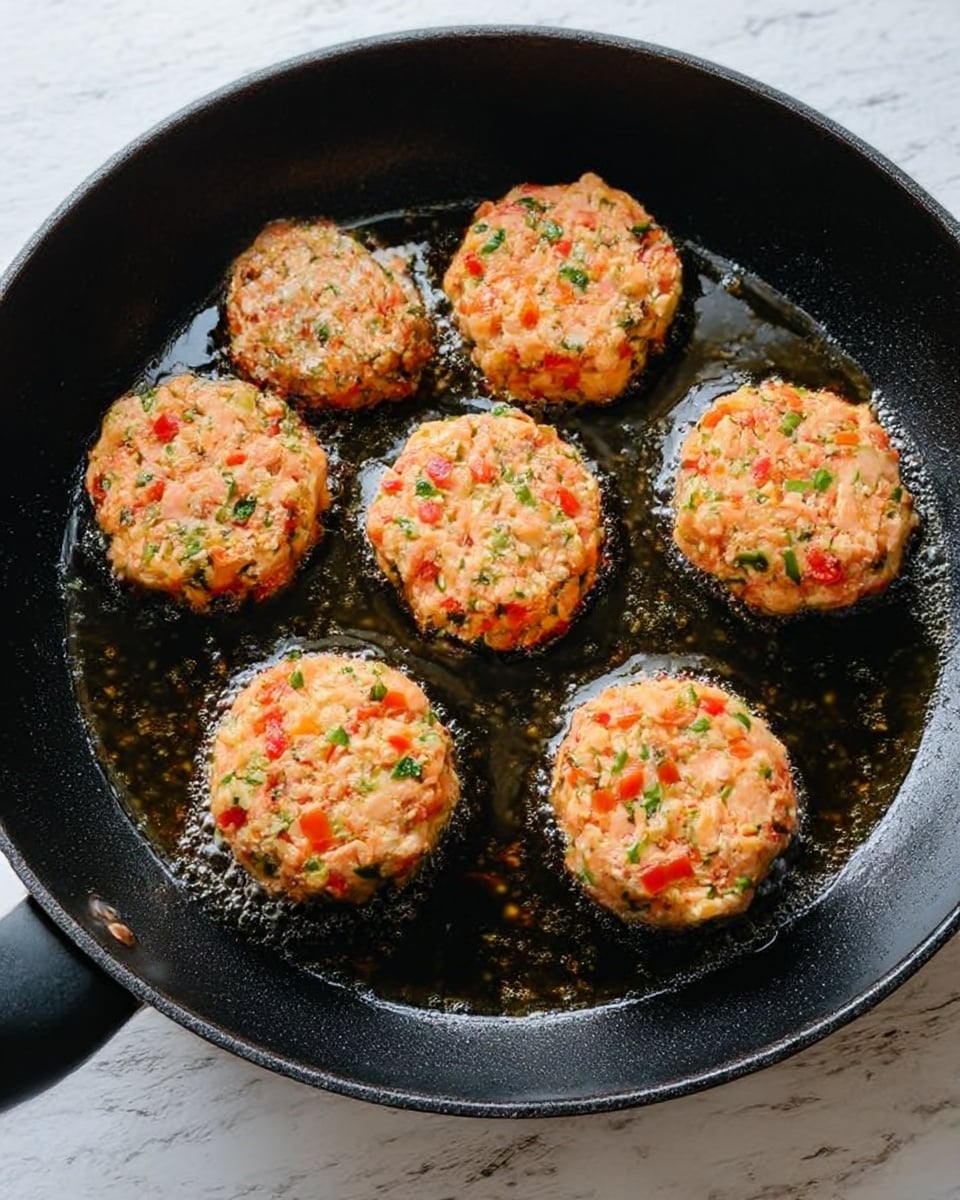 This image shows seven round patties made of chopped salmon mixed with small pieces of red bell pepper and green herbs, frying in a black pan with hot oil that shines around the patties. The patties are light pink with colorful bits inside and have a slightly rough texture. The pan lies on a white marbled surface. photo taken with an iphone --ar 4:5 --v 7