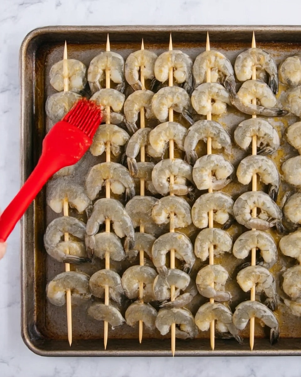 The image shows four rows of raw shrimp skewered on wooden sticks, arranged neatly on a large metal baking tray. The shrimp are gray with some light orange spots and slightly translucent, curling around the sticks. A red silicone brush held by a woman's hand is spreading a sauce or oil over the shrimp, adding a shiny texture to their surface. The tray sits on a white marbled surface, adding a clean and bright look to the scene. photo taken with an iphone --ar 4:5 --v 7