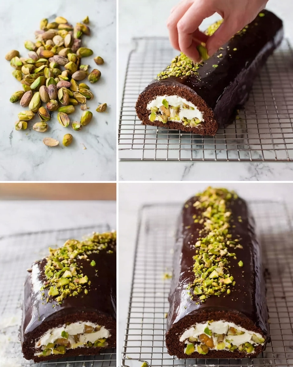 The image shows a sequence of a chocolate dessert roll. In the first part, chopped green pistachios with some tan skin pieces are on a white marbled surface. In the next part, a woman's hand places pistachios on top of a dark, shiny chocolate-covered roll that lies on a wire rack. The roll’s chocolate coating is smooth and thick, covering a light, creamy filling inside. The last two parts show the full roll from the side with pistachios sprinkled on top and a close-up of the roll’s cross-section, revealing white cream layers inside the chocolate cake, topped with more pistachios. The setting has a light, clean look on the white marbled surface. photo taken with an iphone --ar 4:5 --v 7