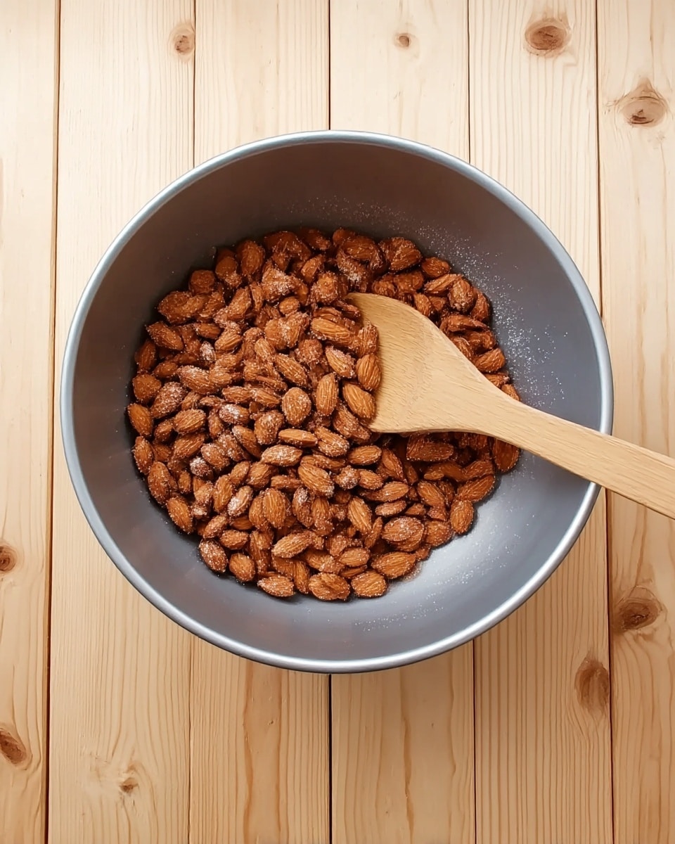 A large gray metal bowl sits on a light wooden surface filled with a single layer of roasted almonds that have a sprinkled light coating, showing a textured, slightly rough surface. A wooden spoon with a flat, wide handle rests upright in the bowl, partially buried in the almonds. The background is light wooden planks with visible knots and grain patterns. photo taken with an iphone --ar 4:5 --v 7