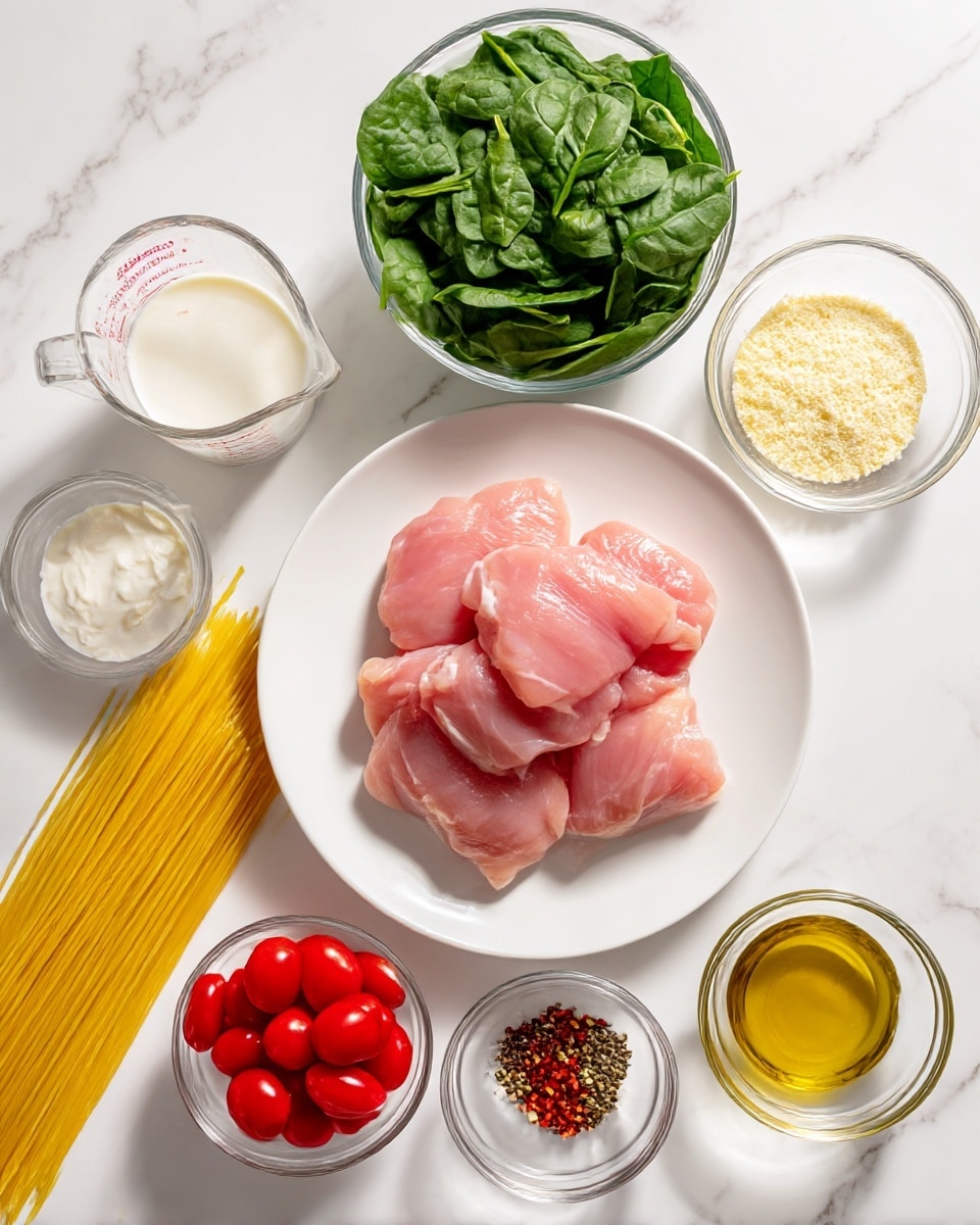 The image shows a white plate in the center with four raw, pink chicken pieces stacked slightly on top of each other, surrounded by several small clear glass bowls filled with different ingredients. Directly above the plate is a clear bowl filled with fresh green spinach leaves. To the left side are a glass measuring cup with white cream, a glass bowl with light yellow powder, and uncooked yellow spaghetti strands lying flat. Below the plate is a clear bowl filled with bright red cherry tomatoes. To the right side are a small clear bowl with light yellow minced garlic, a small bowl with red chili flakes, a small bowl with black pepper, and a glass bowl with golden olive oil. The background is a white marbled surface. Photo taken with an iphone --ar 4:5 --v 7