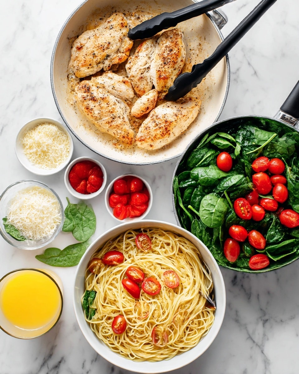 The image shows two white pans side by side on a white marbled surface. The left pan has four cooked pieces of light brown chicken with a slightly browned texture, and black tongs rest on top. Around the pan, there are small bowls with grated cheese, cherry tomatoes, fresh spinach leaves, and a glass of orange juice. In front of the pan is a white bowl filled with plain cooked spaghetti and a black spoon. The right pan contains fresh green spinach leaves spread evenly with a cluster of halved and whole red cherry tomatoes in the center. The black tongs rest on the edge of the pan above. photo taken with an iphone --ar 4:5 --v 7