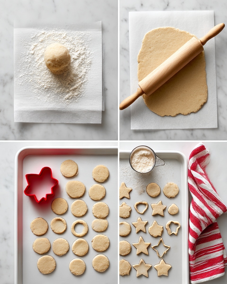 The image shows four steps of making cookies on a white marbled surface. The top left section has a small round ball of dough on a square piece of white parchment paper dusted lightly with flour, with a wooden rolling pin resting above it. The top right shows the dough rolled out flat between two sheets of white parchment paper with the wooden rolling pin on top. The bottom left section shows the flattened dough with many round shapes cut out, some still in place while others removed, with a red cookie cutter near the bottom on the parchment paper. The bottom right section shows a white tray lined with flat dough pieces of various shapes including round with holes, hearts, stars, and diamonds evenly placed on top. A measuring cup with flour is nearby and a white cloth with red stripes is folded to the side. Photo taken with an iphone --ar 4:5 --v 7