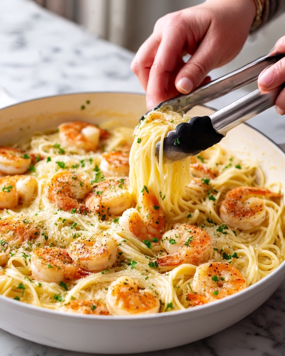 A close-up of shrimp pasta in a white pan with creamy spaghetti noodles as the base layer, light yellow with a smooth texture. On top, large shrimp are spread evenly, showing an orange and white pattern with light grill marks and some black pepper sprinkled all over. Small green parsley pieces are scattered gently across the dish adding a fresh green touch. A pair of silver tongs with black silicone tips are held by a woman’s hand, lifting some pasta and shrimp from the pan. The background shows a white marbled texture. Photo taken with an iphone --ar 4:5 --v 7
