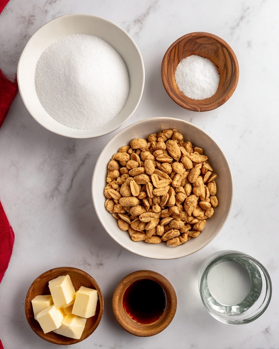The image shows six bowls on a white marbled surface, each with a different ingredient. The largest white bowl in the center holds many roasted peanuts with a golden brown, textured surface. Above it to the left is a large white bowl filled with fine, white sugar. To the right of the sugar bowl is a small wooden bowl with white salt. Next to the salt is a larger wooden bowl containing clear water. At the bottom left is another small wooden bowl holding several small cubes of pale yellow butter. Next to this, on the right side near the water bowl, is a tiny wooden bowl with dark brown vanilla extract. The bowls are neatly arranged in a spread-out pattern. Photo taken with an iphone --ar 4:5 --v 7