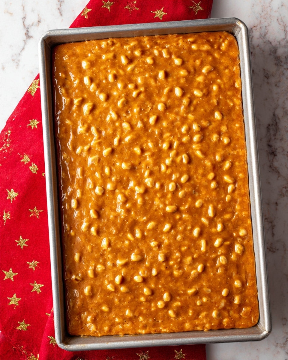 The image shows a single-layer dessert in a rectangular metal baking tray. The layer is thick and golden brown with a glossy, slightly sticky surface. Mixed throughout the layer are numerous whole peanuts, giving the texture a bumpy and uneven look. The tray is placed on a white marbled surface with a red cloth decorated with gold stars partly visible at the top edge. The dish looks freshly made, smooth around the edges, and rich in color photo taken with an iphone --ar 4:5 --v 7