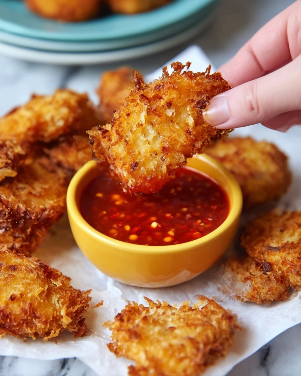 A close-up image shows a woman's hand holding a golden brown crispy fried nugget, dipping it into a small yellow bowl filled with bright red sauce with visible chili flakes. Around the bowl, more crispy nuggets are placed on white parchment paper on a surface with a white marbled texture. The nuggets have a rough, crunchy texture with uneven edges and a warm, inviting color. In the background, there is a stack of white plates on the white marbled surface with blurry nuggets on a plate. Photo taken with an iphone --ar 4:5 --v 7