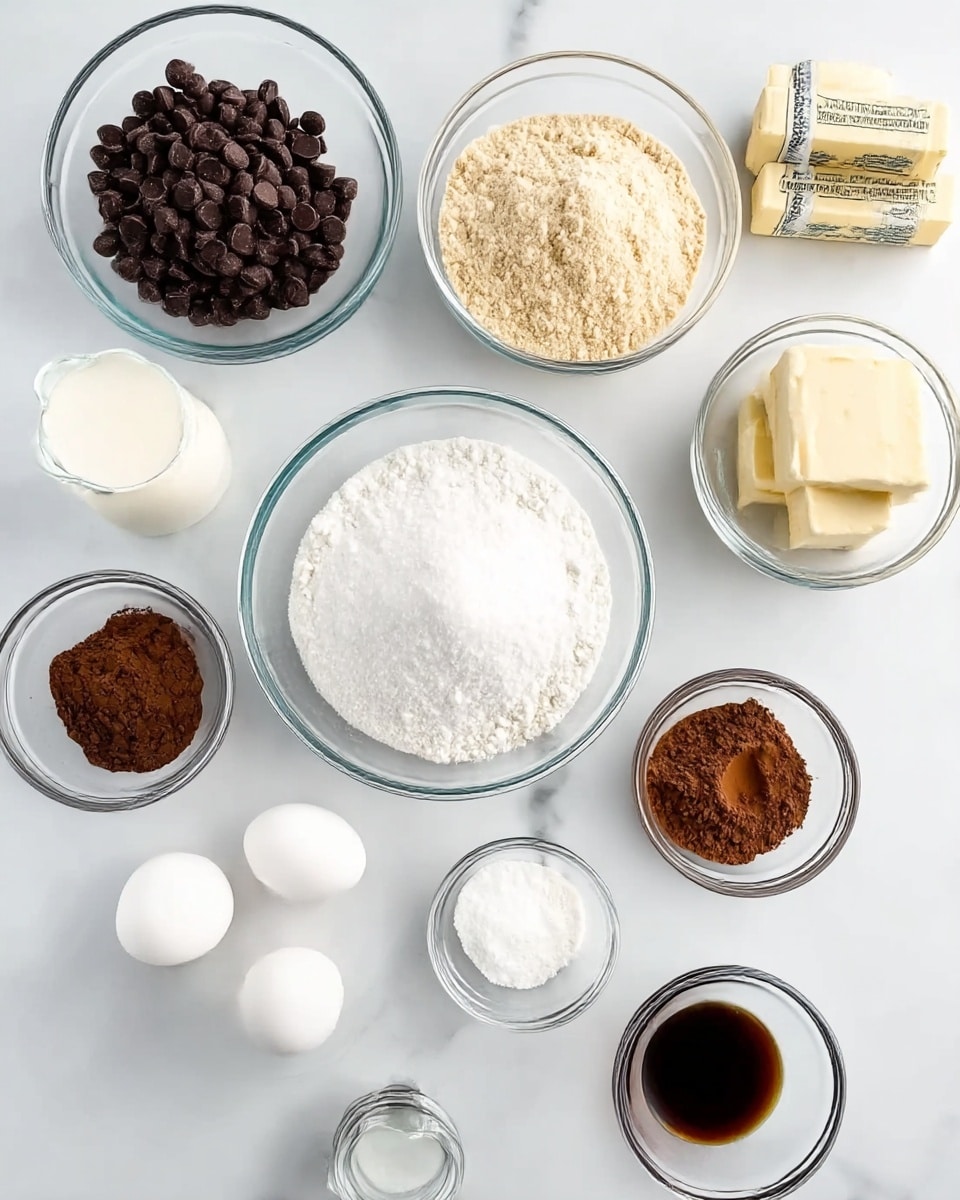 The image shows multiple clear glass bowls arranged on a white marbled surface, each holding a different ingredient. In the center, a large round bowl contains white granulated sugar. To the left of it, a medium bowl is filled with dark chocolate chips. Above, a large bowl holds light tan flour. Two small glass bowls on the right contain brown cocoa powder and small amounts of white baking powder or soda. Near the bottom, two whole white eggs rest beside a small bowl of dark vanilla extract and a tiny bowl of clear vanilla extract. In the top right corner, three sticks of wrapped butter are placed close to two glass containers of cream. The overall color palette is soft and neutral, focusing on the ingredients’ natural colors. Photo taken with an iphone --ar 4:5 --v 7