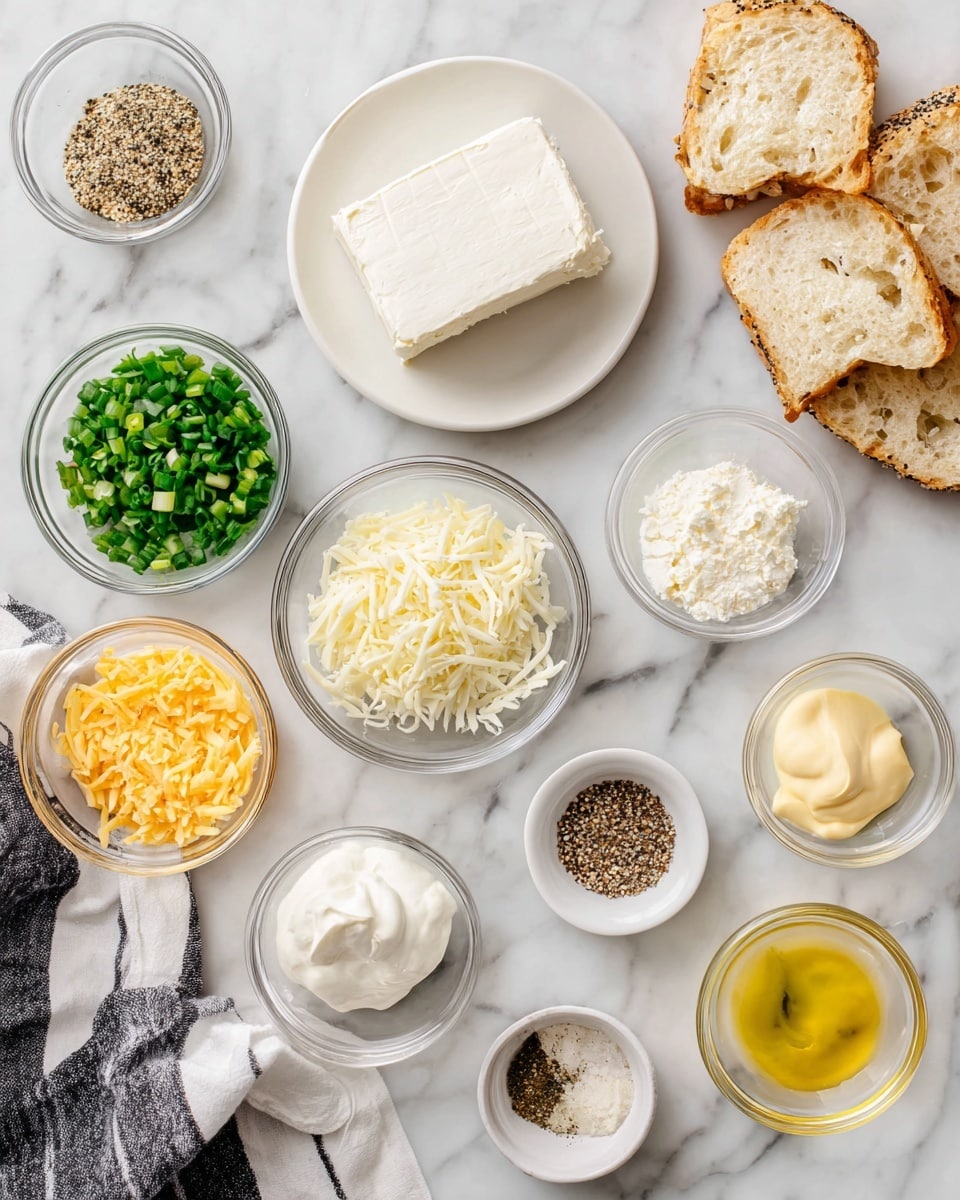 The image shows a white marbled surface with several small clear glass bowls and one white plate arranged neatly. The white plate at the top center holds a block of cream cheese, smooth and solid. Surrounding it are small bowls containing finely chopped bright green onions, light yellow shredded mozzarella cheese, pale beige grated parmesan cheese, white sour cream with a creamy texture, light orange mayonnaise, yellow lemon juice, coarse white salt, black ground pepper, and a mix of everything bagel seasoning with visible sesame seeds and dried onion bits. At the top right corner, there are some slices of toasted white bread and a small round bowl of seasoning. A striped black and white cloth is partially visible at the bottom left corner and the whole arrangement rests on a clean white marbled surface. photo taken with an iphone --ar 4:5 --v 7