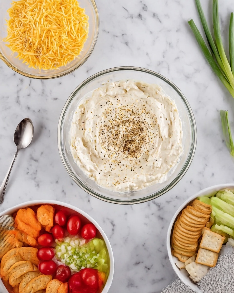 A clear glass bowl is filled with a creamy dip mixture, topped with black pepper in the center, on a white marbled surface with a spoon beside it. In the next image, the same bowl contains layers: shredded yellow cheese on the left, black pepper and seasoning on the top right, finely chopped green onions at the bottom, and a white creamy base underneath. The third image shows a white large bowl on the white marbled surface, filled with various snacks: a round container of the dip in the center, surrounded by small red cherry tomatoes, round toasted bread slices in light brown, baby carrots, light green celery sticks, and square crackers, all arranged neatly around the dip, with a striped cloth and green onion stalks nearby. Photo taken with an iphone --ar 4:5 --v 7