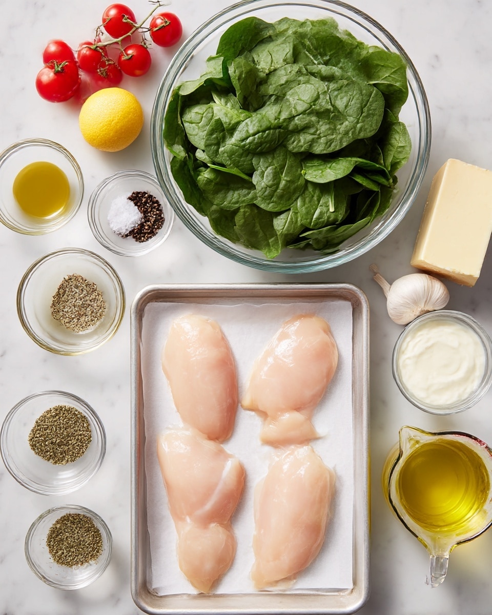 The image shows a white marbled surface with ingredients arranged neatly. At the bottom, there is a metal tray holding four smooth, pale pink chicken fillets lined up side by side on white parchment paper. Above the tray, there is a large clear glass bowl full of bright green fresh spinach leaves. To the right of the spinach, there is a small bunch of red cherry tomatoes still on the vine, two garlic cloves, a pale yellow block of hard cheese, and a small glass bowl with a light yellow stick of butter. To the left of the spinach, there are small clear glass bowls with white salt crystals, black peppercorns, dried green herbs, and golden olive oil. There is also a medium glass measuring cup with cream and a whole yellow lemon placed in the center. The setup is clean and organized on the white marbled background photo taken with an iphone --ar 4:5 --v 7